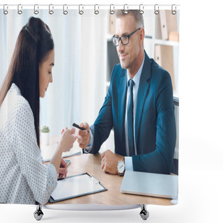 Personality  Smiling Insurance Agent Giving Pen To Female Client For Signing Papers At Tabletop In Office Shower Curtains