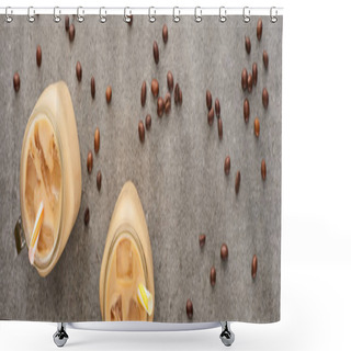 Personality  Top View Of Fresh Ice Coffee In Glass Jars With Straws And Coffee Grains On Grey Background, Panoramic Shot Shower Curtains