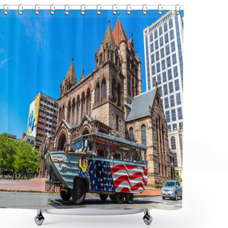 Personality  BOSTON, USA - MARCH 29, 2020: Boston Duck Tours Bus Next To Trinity Church At Copley Square In Boston, Massachusetts, USA Shower Curtains