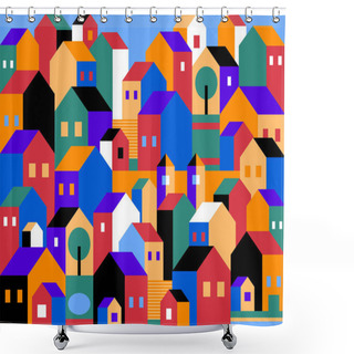 Personality  Seamless Pattern With Houses. Seamless Pattern With Town Houses. Vector Background With Cartoon Town. Town Seamless Pattern With Cute Colorful Houses Shower Curtains