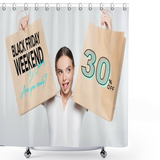 Personality  Young Woman Sticking Out Tongue While Holding Shopping Bags With Black Friday Weekend Lettering Isolated On White Shower Curtains