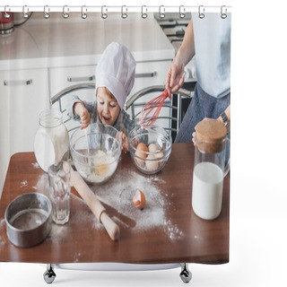 Personality  Mother And Laughing Happy Child Preparing Dough At Kitchen Shower Curtains