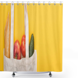 Personality  Top View Of Ripe Apples, Baguette And Avocado In Eco Friendly Bags Isolated On Yellow, Panoramic Shot Shower Curtains