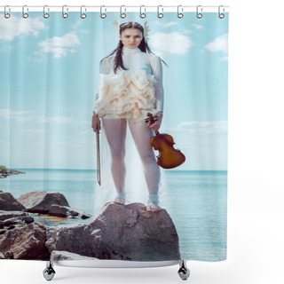 Personality  Low Angle View Of Elegant Woman In White Swan Costume With Violin Standing On Blue River And Sky Background Shower Curtains