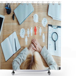 Personality  Top View Of Woman With Clenched Hands Near Paper Shapes And Blank Notebook On Table  Shower Curtains