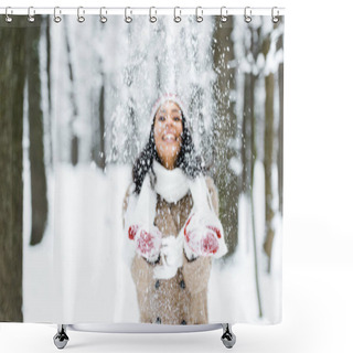Personality  Attractive African American Woman Throwing Snow In Park And Smiling In Winter Forest Shower Curtains