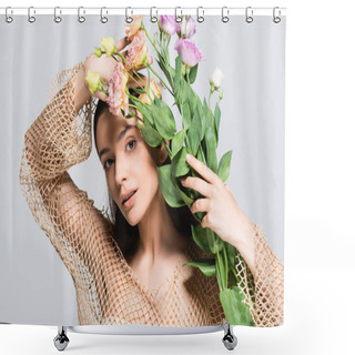 Personality  Beautiful Young Woman In Beige Mesh Holding Bouquet Of Eustoma Flowers Isolated On Grey Shower Curtains