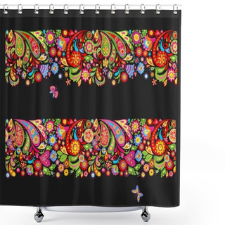 Personality  Seamless Summery Floral Ethnic Borders With Colorful Abstract Flowers And Funny Butterflies On Black Background Shower Curtains