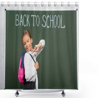Personality  Smiling Schoolgirl Pointing With Finger At Backpack Near Chalkboard With Back To School Inscription Shower Curtains