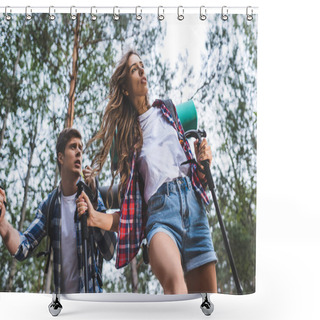 Personality  Couple On Hiking Trip Shower Curtains