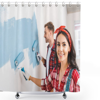 Personality  Selective Focus Of Attractive Woman Holding Roller Near Man Painting Wall Shower Curtains