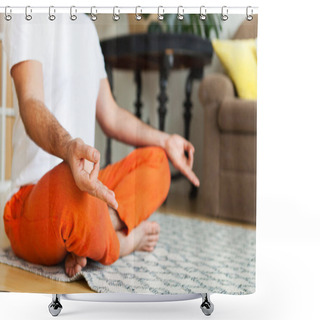 Personality  Close Up. Man Practicing Yoga And Meditation At Home. A Series O Shower Curtains