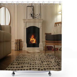 Personality  Modern Fireplace With Burning Wood In Room. Interior Design Shower Curtains