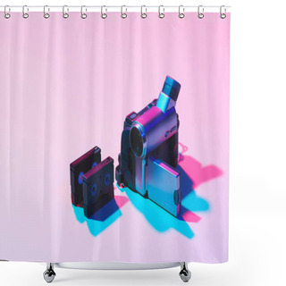 Personality  Close Up View Of Arranged Video Cassettes And Digital Video Camera On Pink Background Shower Curtains