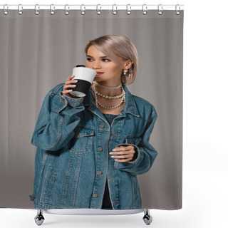 Personality  Attractive Woman In Denim Jacket Drinking Coffee Isolated On Grey Shower Curtains