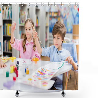 Personality  Cute Kids Holding Paintbrushes Colorful Gouache Jars And Papers  Shower Curtains