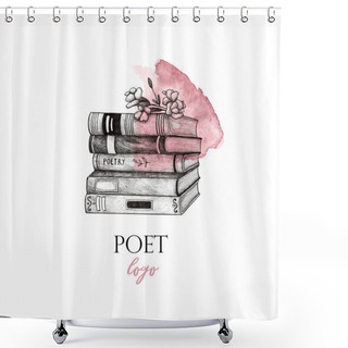 Personality  Poet Logo. Books, Flowers And Pink Watercolor Spot On White Isolated Background Shower Curtains