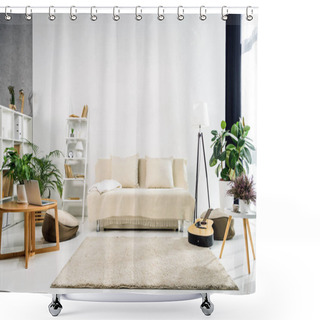 Personality  Modern Living Room Interior With White Stylish Furniture Shower Curtains