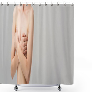 Personality  Panoramic Shot Of Naked Young Woman Covering Breast Isolated On Grey Shower Curtains