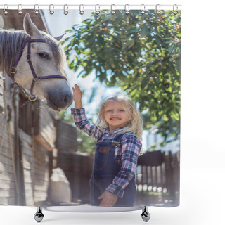 Personality  Smiling Kid Touching White Horse At Farm And Looking At Camera Shower Curtains