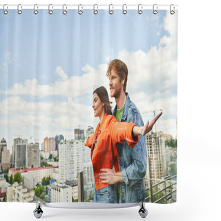 Personality  A Man And A Woman Stand Confidently On The Rooftop Of A Building, Overlooking The Cityscape Below, Their Hair Blowing In The Wind Shower Curtains