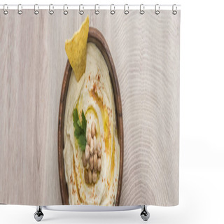 Personality  Top View Of Delicious Hummus With Chickpeas And Nacho In Bowl On Beige Wooden Table, Panoramic Shot Shower Curtains