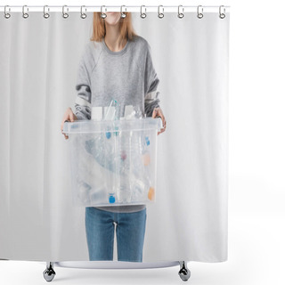 Personality  Partial View Of Woman Holding Container With Plastic Bottles Isolated On Grey, Recycle Concept Shower Curtains