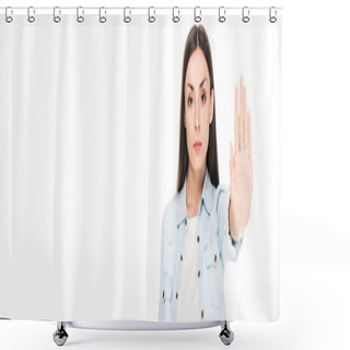 Personality  Brunette Woman Showing Stop Sign Isolated On White, Panoramic Shot Shower Curtains