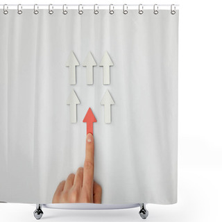 Personality  Cropped View Of Man Putting Red Arrow To Row With White Pointers On Grey Background Shower Curtains