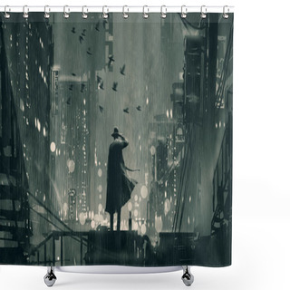 Personality  Film Noir Concept Showing The Detective Holding A Gun To His Head And Standing On Roof Top At Rainy Night, Digital Art Style, Illustration Painting Shower Curtains