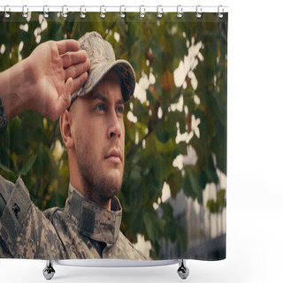 Personality  Young Soldier In Military Cap And Uniform Saluting Outdoors  Shower Curtains