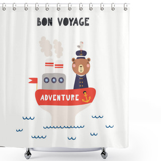 Personality  Cute Bear Sailor On Ship, Sea Waves, Seagull, Text Shower Curtains