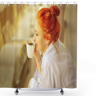 Personality  Good Morning Womans With Cup Of Fragrant Coffee Shower Curtains