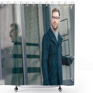 Personality  Adult Handsome Man In Glasses Leaving Building  Shower Curtains