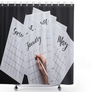 Personality  Partial View Of Woman Making Notes In Calendar Isolated On Black Shower Curtains