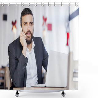 Personality  Businessman Talking On Phone In Restaurant  Shower Curtains