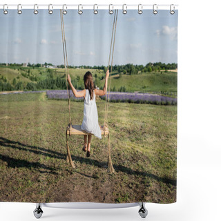 Personality  Back View Of Girl Riding Swing In Field On Summer Day Shower Curtains