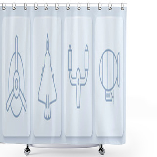 Personality  Set Line Plane Propeller, Aircraft Steering Helm, Jet Fighter And Airship. White Square Button. Vector. Shower Curtains