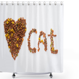 Personality  Top View Of Heart And Cat Lettering Made Of Dry Pet Food Isolated On White Shower Curtains