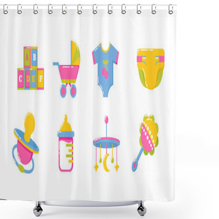 Personality  Newborn Baby Accessories And Gear Icons. Strollers, Toys, Clothes, Pacifiers, Feeding Bottles And Pampers. Suitable For Websites And Patterns Shower Curtains