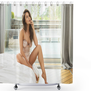 Personality  Young Woman Sitting On Bed Shower Curtains