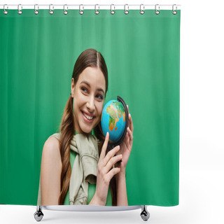Personality  A Young Woman In Her 20s Holding A Small Globe, Symbolizing Global Unity And Connection. Shower Curtains