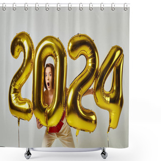Personality  Happy New Year, Astonished Young Woman In Trendy Attire Holding Balloons With 2024 Numbers On Grey Shower Curtains