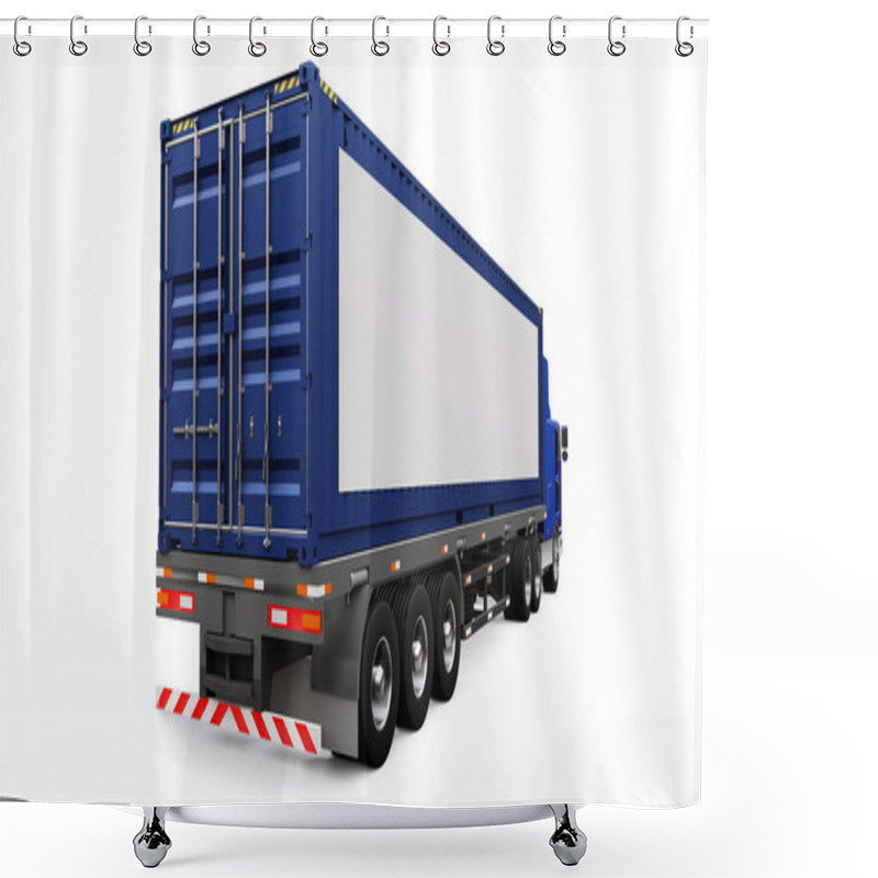 Personality  A Large Retro Truck With A Sleeping Part And An Aerodynamic Extension Carries A Trailer With A Sea Container. On The Side Of The Truck Is A Blank White Poster For Your Design. 3d Rendering. Shower Curtains