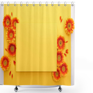 Personality  Top View Of Orange Gerbera Flowers And Blank Paper On Yellow Background Shower Curtains