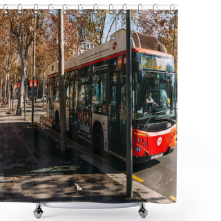Personality  BARCELONA, SPAIN - DECEMBER 28, 2018: Bus Moving On City Road On Sunny Day Shower Curtains