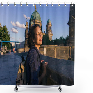Personality  BERLIN, GERMANY - JULY 14, 2020: Joyful Young Woman Near Blurred Berlin Cathedral Shower Curtains