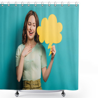 Personality  Smiling Woman Holding Hand On Chest While Holding Thought Bubble On Blue Background Shower Curtains