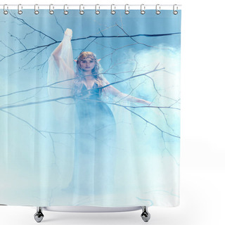 Personality  A Young Woman In A Blue Dress, Resembling An Elf Princess, Stands Gracefully In A Mystical Fog, Exuding An Ethereal Charm. Shower Curtains