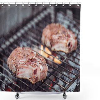 Personality  Selective Focus Of Juicy Raw Steaks Grilling On Barbecue Grid With Smoke Shower Curtains